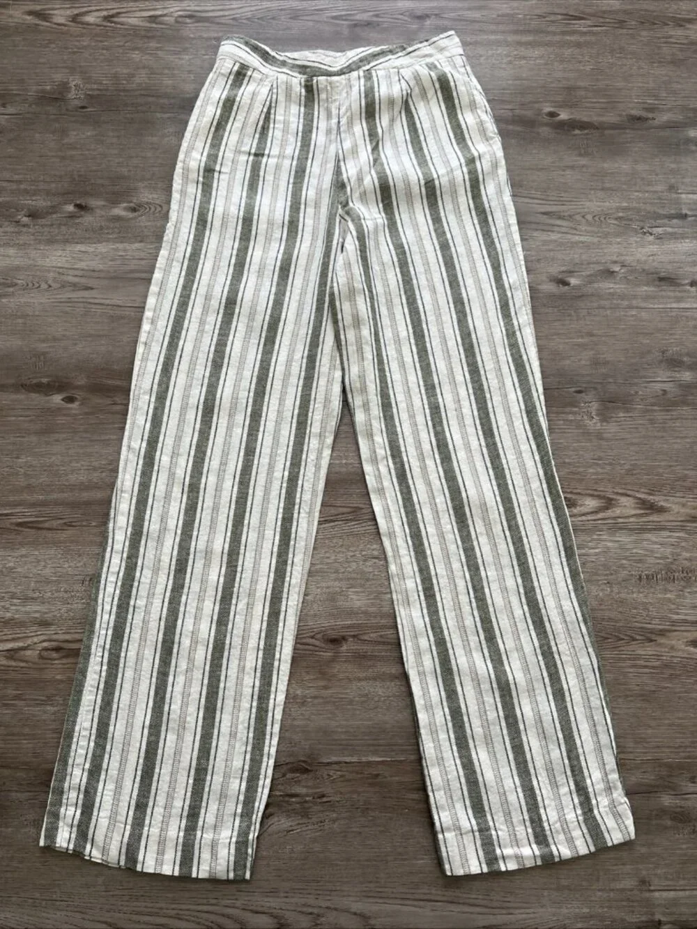 Zara Linen Blend Wide Leg Trousers Womens XS Cream Stripe High Waist Full Length